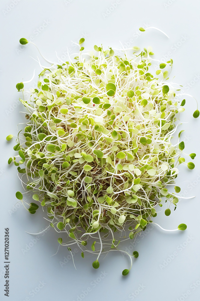 Simple, elegant pile of alfalfa sprouts microgreens in the middle of a bright white background, ideal for clean food photography Simple, elegant pile of alfalfa sprouts microgreens in the middle of a bright white background, ideal for clean food photography