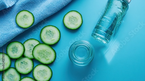 Sliced cucumbers, clear liquid in bottles and glass, blue towel on blue background.