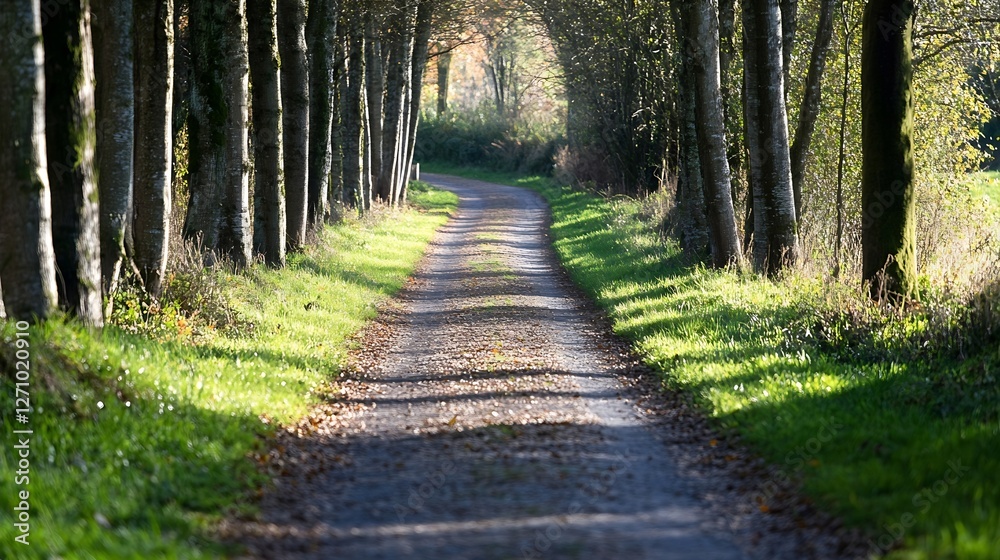 Obraz premium A picturesque path winding through a treelined avenue capturing the beauty of nature and inviting peaceful exploration : Generative AI