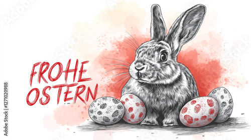 FROHE OSTERN written with big letters on empty space on left half, with easter eggs and rabbit on right half,red and white background. german words