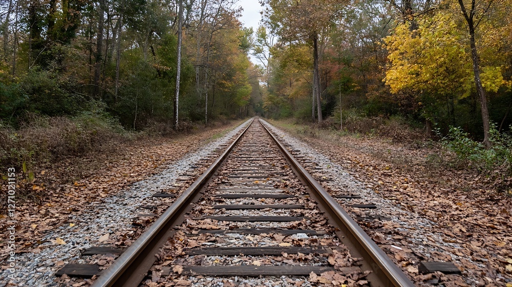 Peaceful rural railway tracks surrounded by vibrant autumn foliage in a tranquil forest setting : Generative AI Peaceful rural railway tracks surrounded by vibrant autumn foliage in a tranquil forest setting : Generative AI