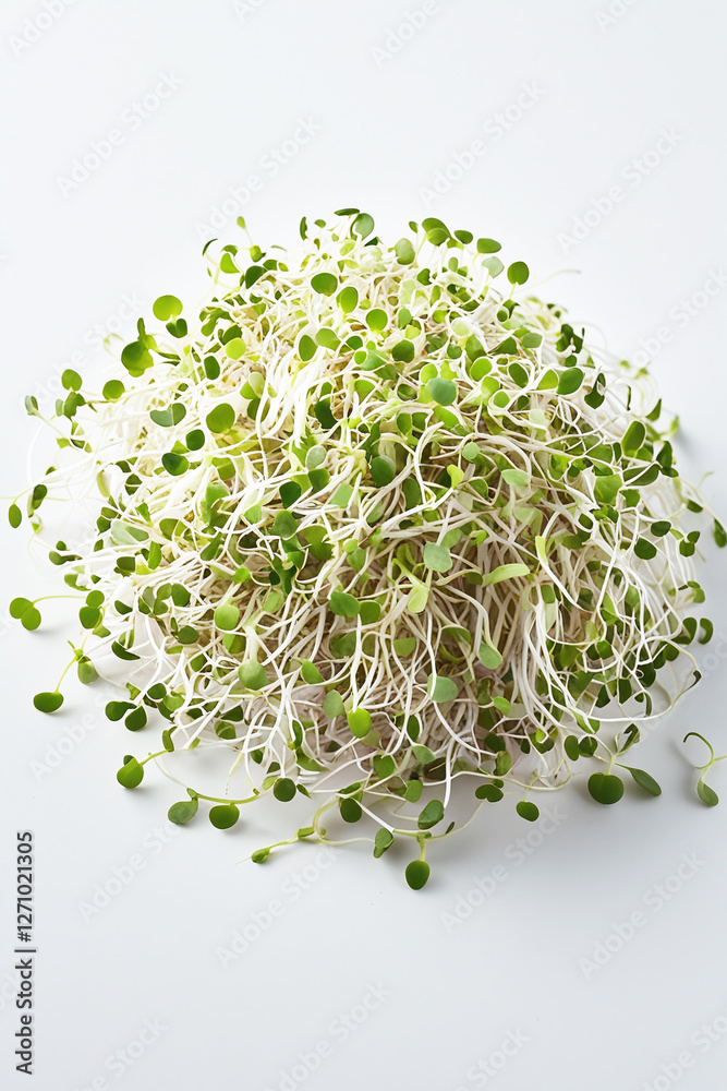 Fresh organic alfalfa sprouts microgreens, arranged in a natural heap at the center of a clean white background, perfect for food branding. Fresh organic alfalfa sprouts microgreens, arranged in a natural heap at the center of a clean white background, perfect for food branding.