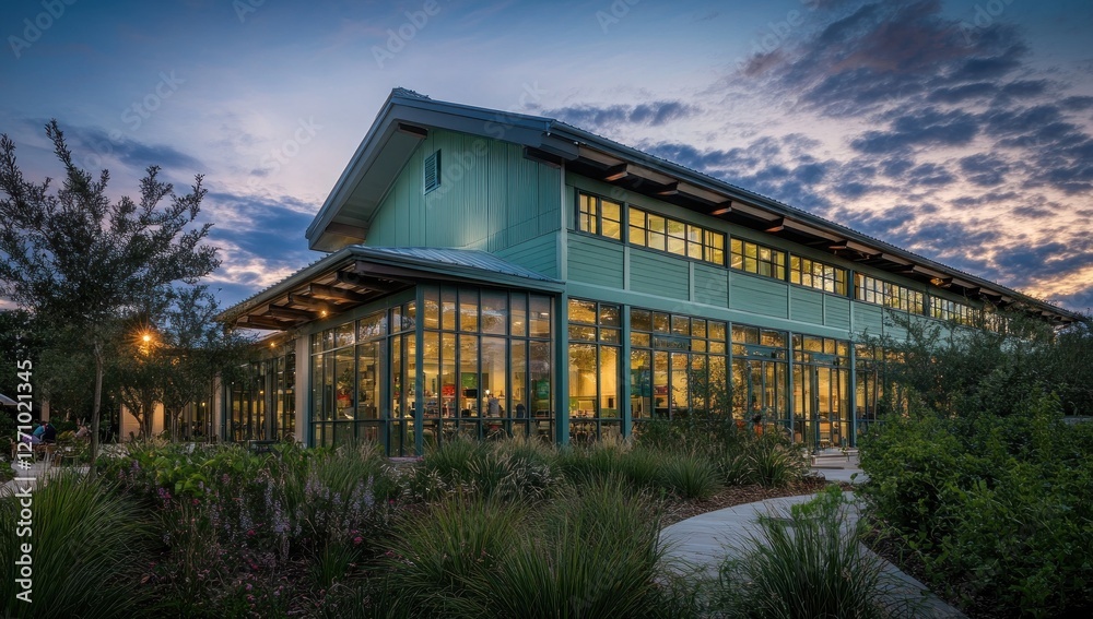 Modern green building at dusk, showcasing large windows and landscaping. Modern green building at dusk, showcasing large windows and landscaping.