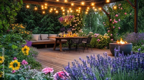 Evening garden party on patio with fire pit