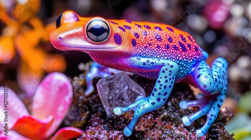 A colorful frog perched on a rock in a picturesque natural setting with rich background