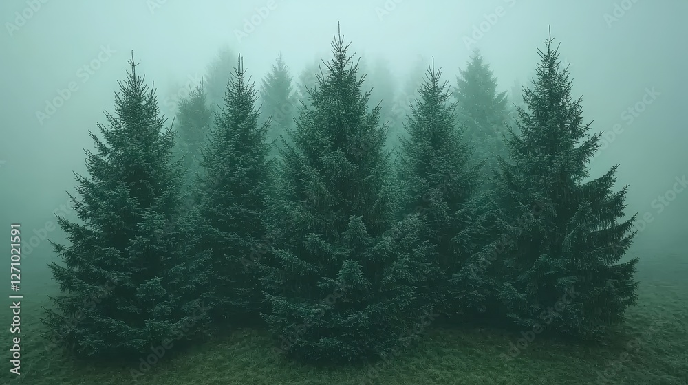 Fototapeta premium Majestic evergreen trees emanating serenity amidst a dense foggy landscape