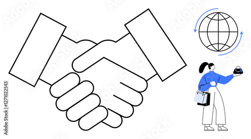 Two hands shaking, globe with arrows, and woman carrying shopping bags and smart speaker. Ideal for business partnerships, global trade, modern commerce, collaboration, technology, consumerism