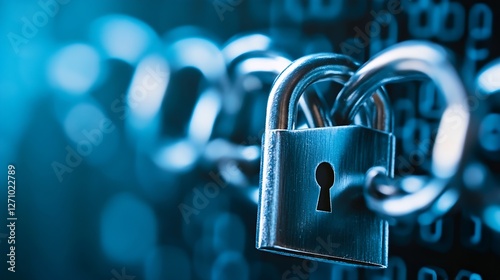 Close up view of a locked padlock with a blurred digital background showcasing security and protection : Generative AI