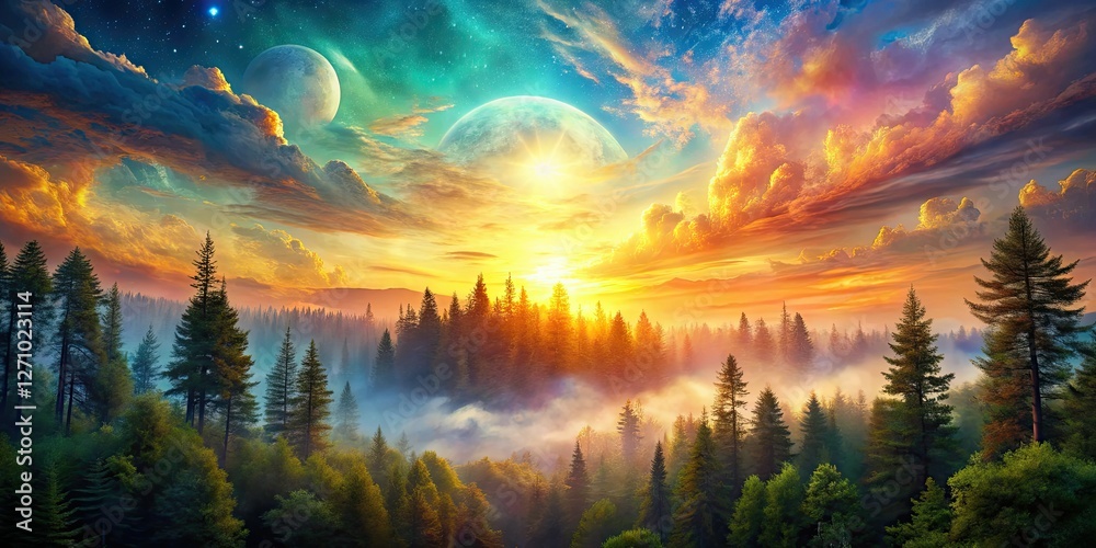 Mystical forest and sky blend in breathtaking double exposure images, creating surreal nature art. Mystical forest and sky blend in breathtaking double exposure images, creating surreal nature art.