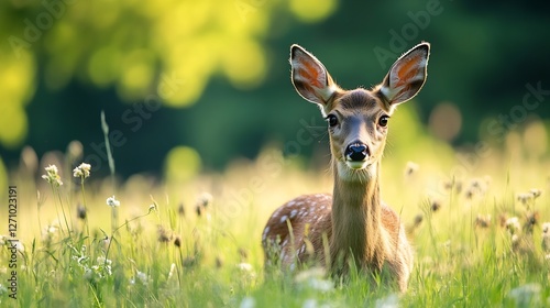 Wallpaper Mural Curious Young Fawn in a Serene Meadow Surrounded by Lush Greenery and Blossoming Wildflowers : Generative AI Torontodigital.ca