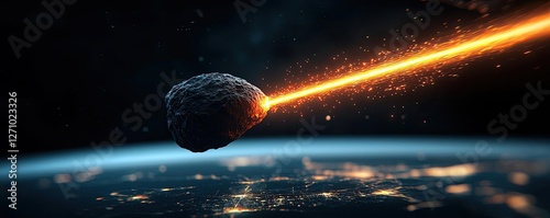 Asteroid impact idea. A mesmerizing view of an asteroid impacting Earth with a bright glowing trail.
