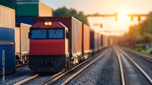 Freight Train Moving Through Industrial Area with Colorful Cargo Containers and Sunset : Generative AI photo