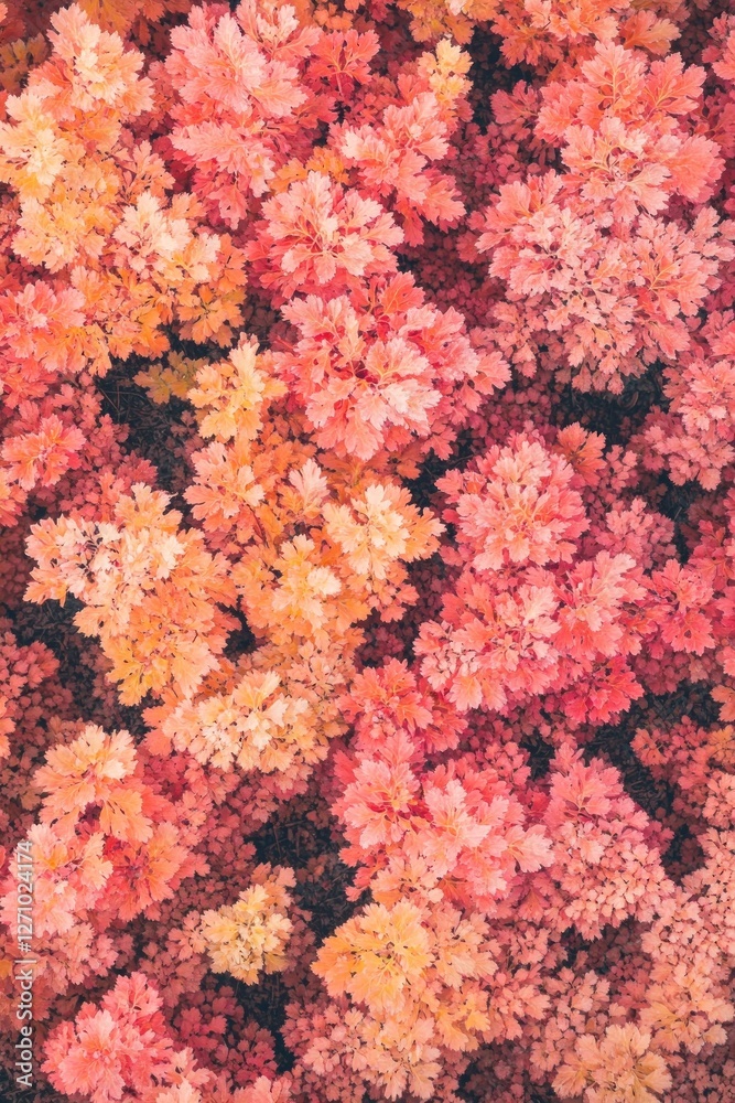 Obraz premium Aerial view of vibrant autumn foliage, showcasing a dense canopy of red and orange leaves.