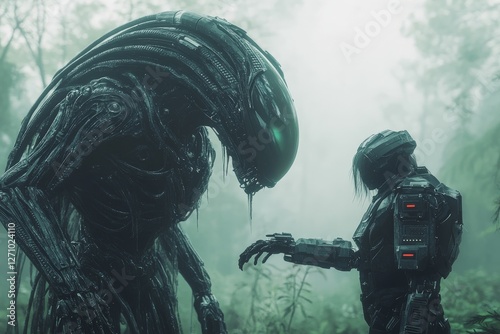 Alien creature and human in a misty forest exploring their connection during an otherworldly encounter photo