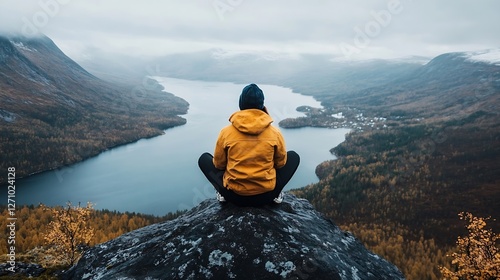 Adventurous person in yellow jacket meditatively gazing at breathtaking mountain lake view : Generative AI photo