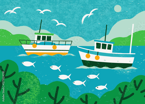 Fishery, image illustration of a boat fishing for fish. Cute touch.