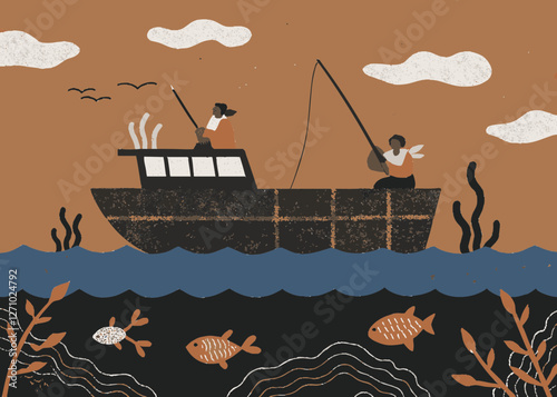 Fishery, image illustration of a boat fishing for fish. Cute touch.