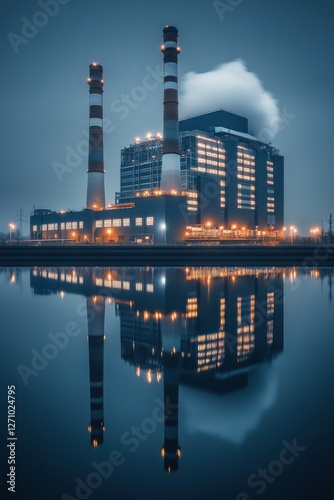 Industrial Power Plant at Dusk with Reflections photo