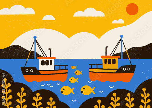Fishery, image illustration of a boat fishing for fish. Cute touch.