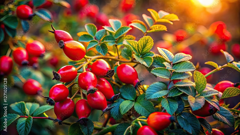 Obraz premium Pink rose hip petals glow, wild berries nestled amongst soft floral shadows.