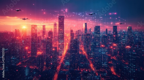 Wallpaper Mural Futuristic Cityscape at Dusk with Drones and Digital Connections, Showcasing Technology Advancements and Urban Life in a Vibrant Metropolis Torontodigital.ca