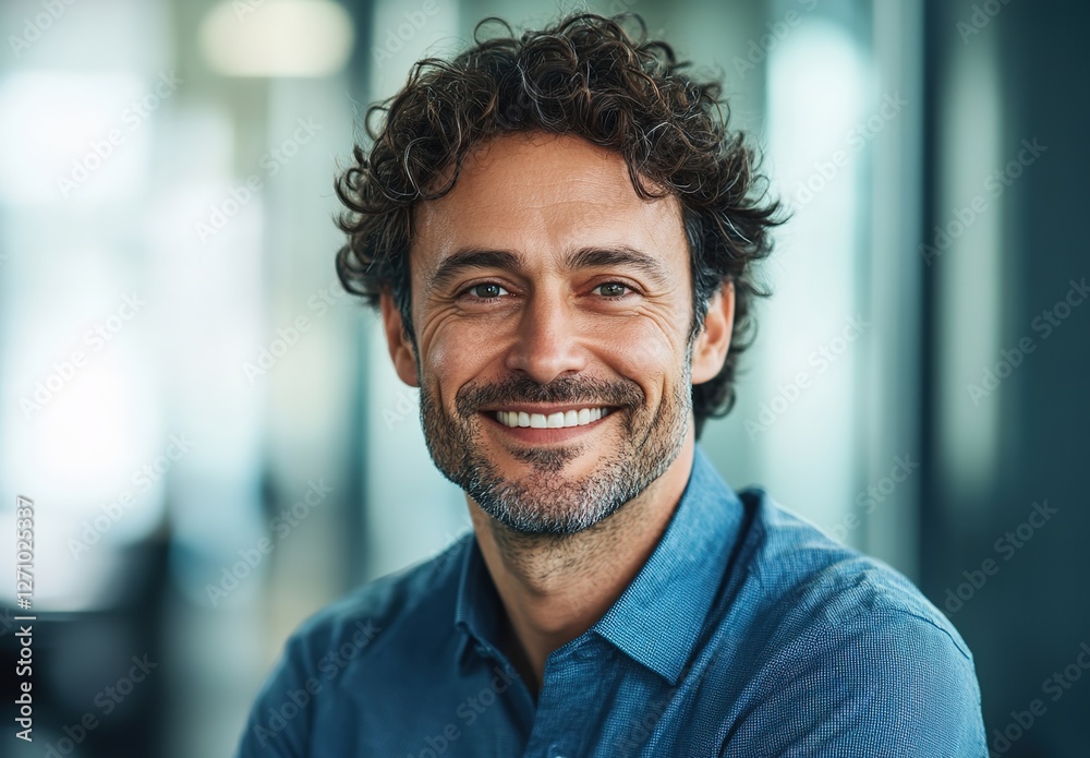 A portrait of an attractive man in his late thirties with curly hair , smiling confidently at the camera. A portrait of an attractive man in his late thirties with curly hair , smiling confidently at the camera.
