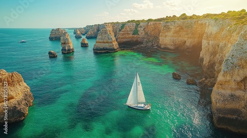 Aerial view of sailboat in turquoise ocean cove, surrounded by dramatic limestone cliffs.