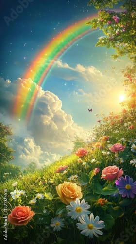 Rainbow Over a Field of Flowers