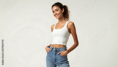 Smiling Woman in White Crop Top and Blue Jeans