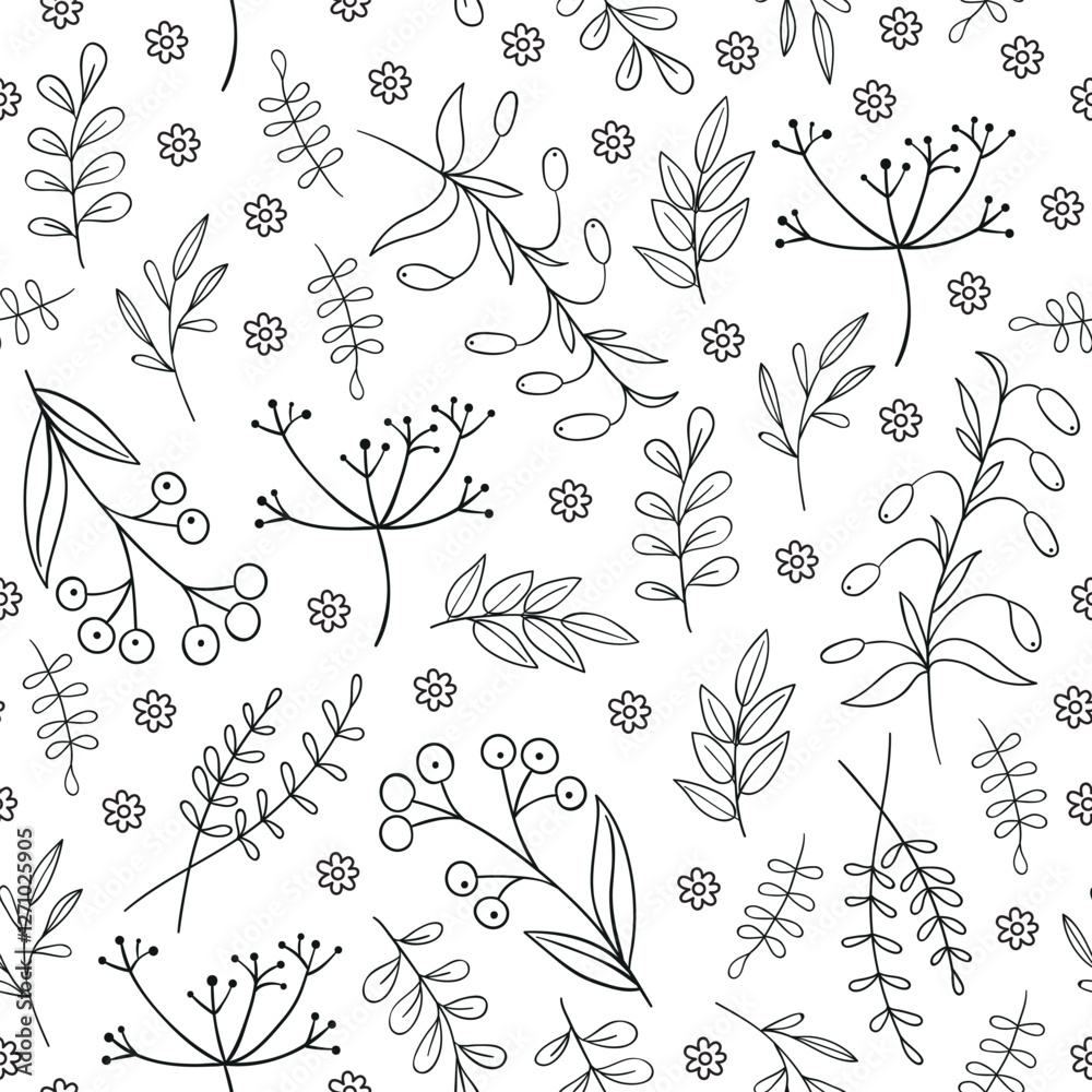 Hand-drawn pattern with wild flowers and herbs on a white background