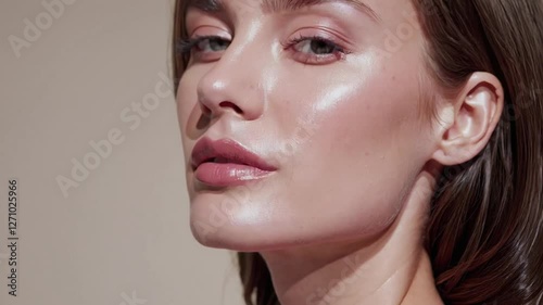 Young Caucasian woman with glowing skin and natural makeup. Close-up shot with soft lighting. Minimalist beauty concept. Neutral background with warm tones.