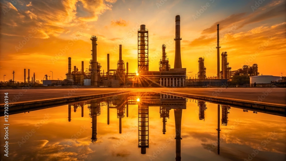 Fototapeta premium Industrial Sunset Reflection over Oil Refinery with Tall Structures and Dramatic Sky
