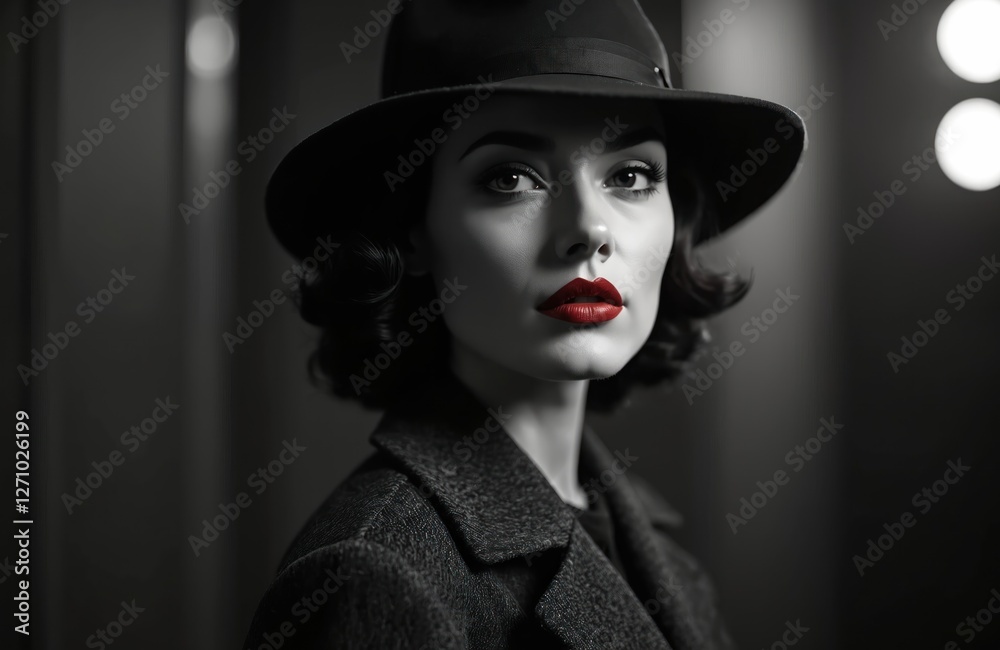 Elegant woman in hat coat has classic detective look. Femme fatale with red lips. Noir movie style, portrait of 40s lady. Beautiful stylish model, black and white photo. Elegant woman in hat coat has classic detective look. Femme fatale with red lips. Noir movie style, portrait of 40s lady. Beautiful stylish model, black and white photo.