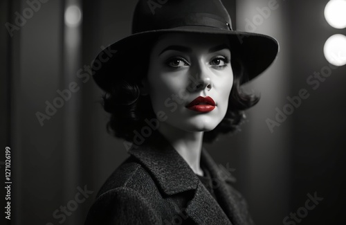 Elegant woman in hat coat has classic detective look. Femme fatale with red lips. Noir movie style, portrait of 40s lady. Beautiful stylish model, black and white photo.