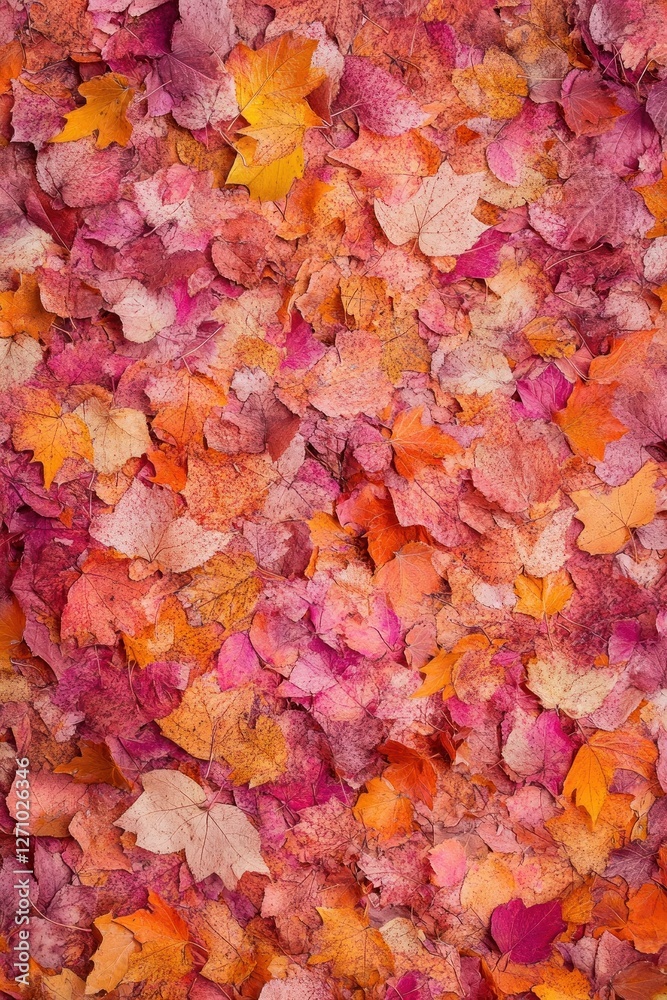 Close-up view of fallen autumn leaves in various shades of red, orange, and pink. Close-up view of fallen autumn leaves in various shades of red, orange, and pink.