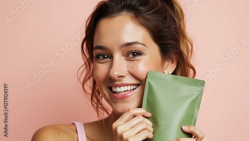 Happy Woman Holding a Green Pouch