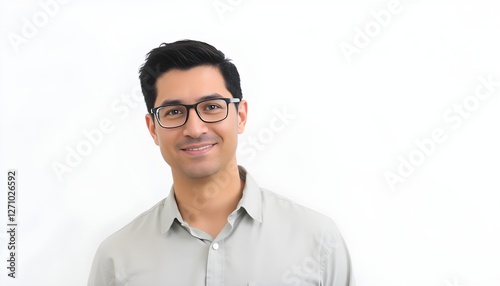 A portrait of a person wearing a light gray button-up shirt against a plain white background. The person has short, dark hair that is neatly combed. The image is a professional or identification-style