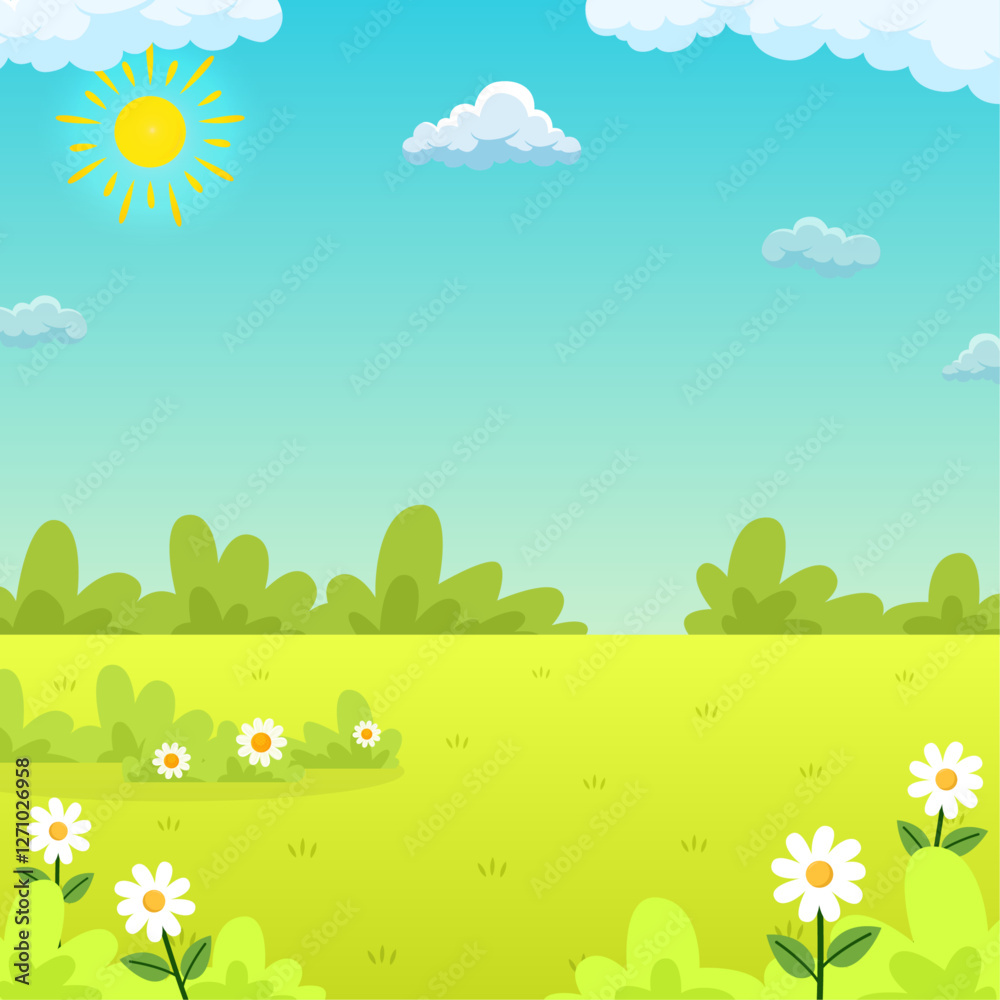 Spring and summer landscapes bloom with flowers and grass meadow under sunny skies background illustration design for copy space Spring and summer landscapes bloom with flowers and grass meadow under sunny skies background illustration design for copy space