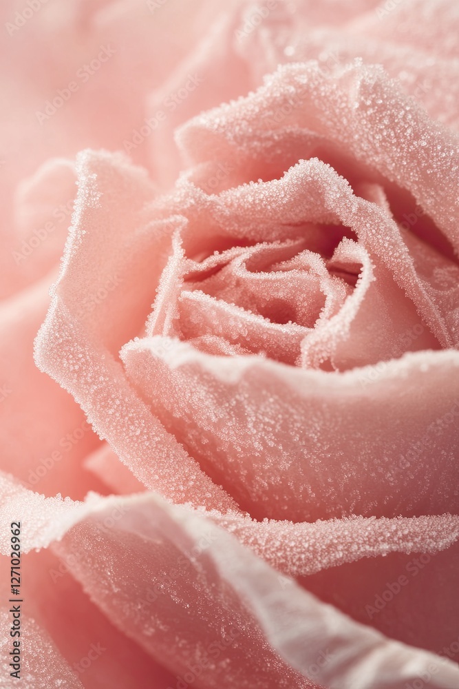 Close-up of a pink rose covered in morning frost. shallow depth of field. unusual lighting.
