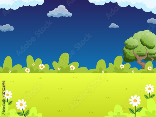 Summer and spring landscapes with trees, flowers, and green meadows under a bright sky background illustration design for copy space