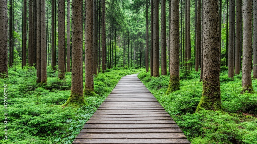 Serene Wooden Path Through Lush Green Forest with Tall Trees Serene Wooden Path Through Lush Green Forest with Tall Trees