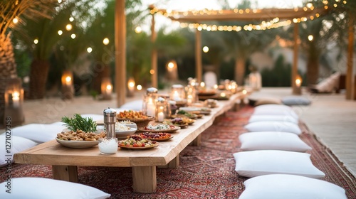 Outdoor dining setup with Moroccan dishes under twinkling lights