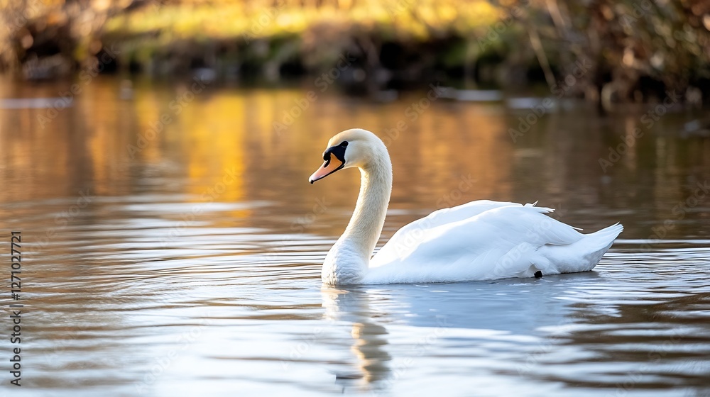 Graceful swan swimming serenely across the tranquil lake reflecting autumn colors and golden light : Generative AI Graceful swan swimming serenely across the tranquil lake reflecting autumn colors and golden light : Generative AI