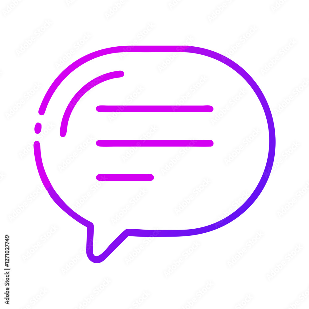Stylish speech bubble icon in gradient purple with text lines on a white background, perfect for modern communication design
Stylish speech bubble icon in gradient purple with text lines on a white background, perfect for modern communication design