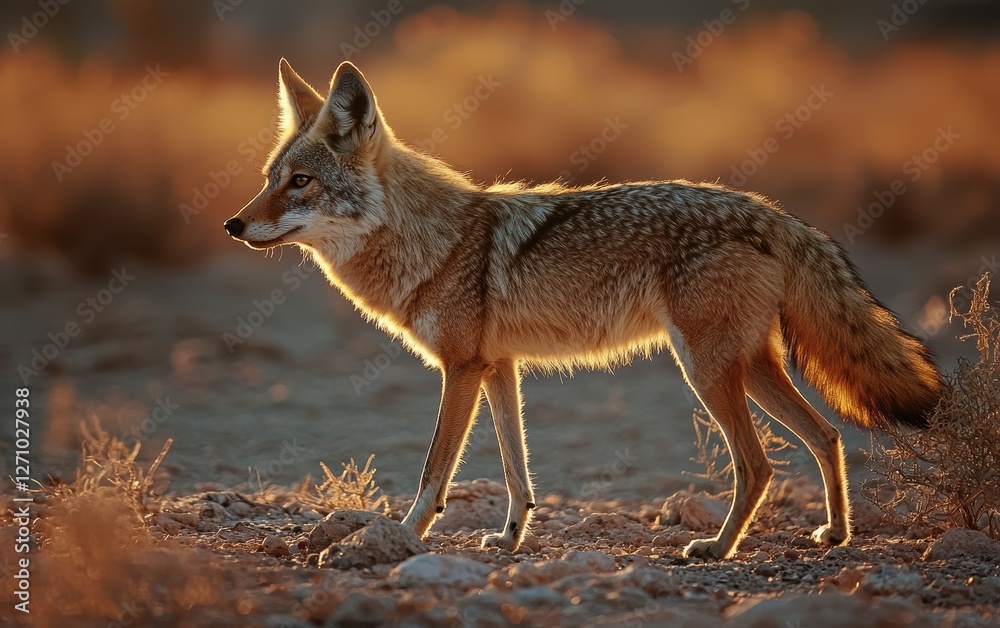 A cautious coyote walking across desert terrain A cautious coyote walking across desert terrain
