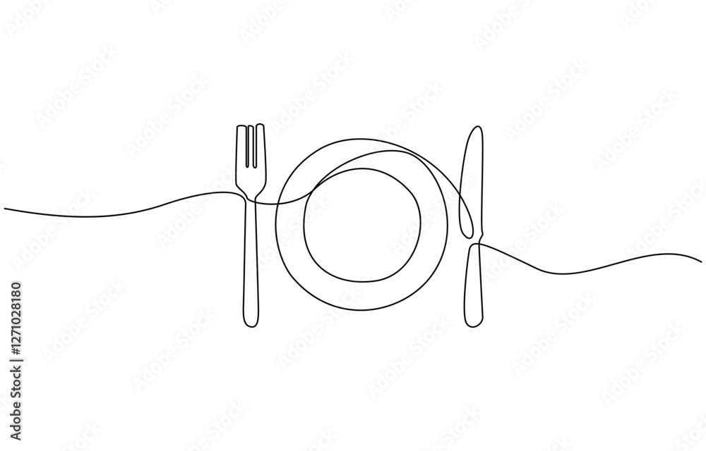 Obraz premium Plate with fork and knife. Continuous line drawing. Food frame border doodle, Minimalist continuous one line drawing of plate with fork, spoon and knife. Restaurant concept line icon.