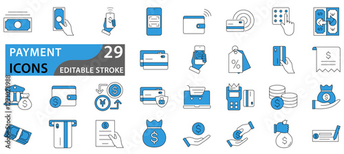 Payment icons set. Cash money, coins in hand, credit card, wallet, bank check, cashless pay, receipt, contactless purchase vector illustration.