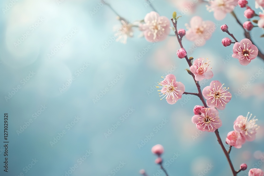 Photo of a blued background with blooming plum blossoms on the left side, creating an elegant and warm atmosphere. Photo of a blued background with blooming plum blossoms on the left side, creating an elegant and warm atmosphere.