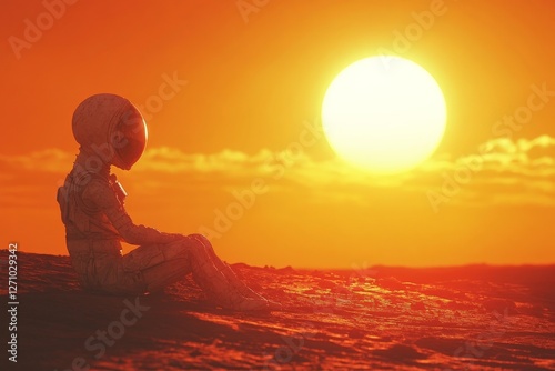 Astronaut sitting on a barren landscape gazing at a vibrant sunset in an alien world photo