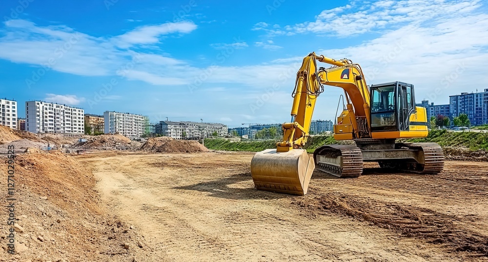 Obraz premium Photo of a yellow excavator on a construction site, with a dirt road in the background, a blue sky, and buildings in the distance.
